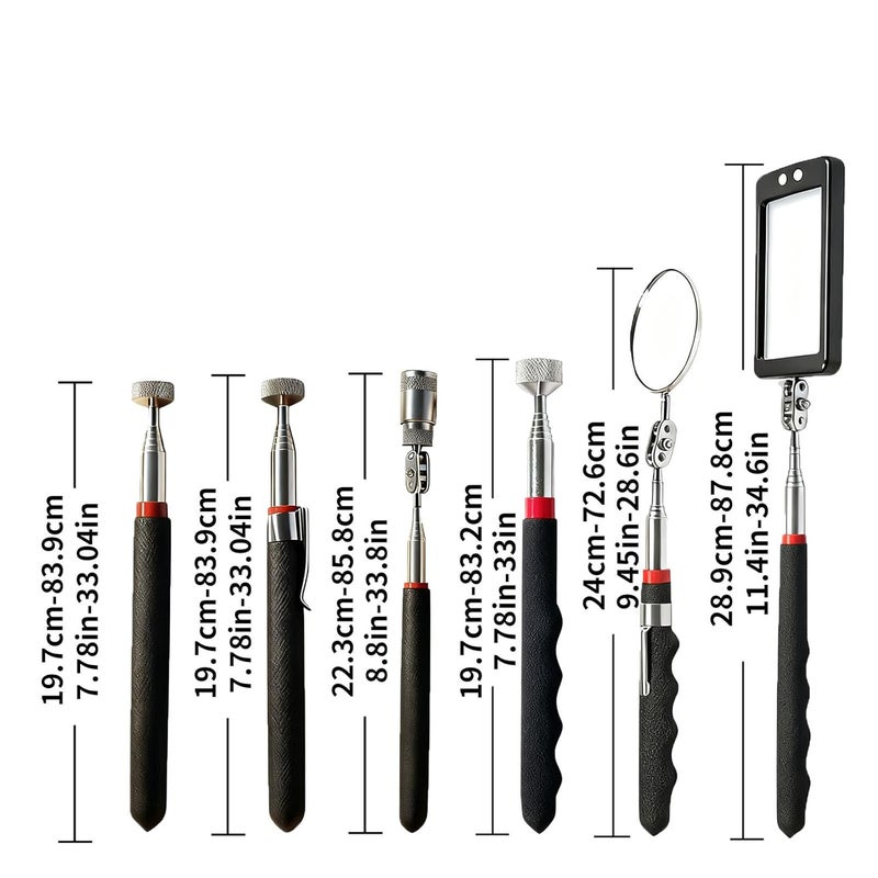 Ferropeak Telescoping Magnetic Pickup Tool Set, 2Pcs Round and Square Inspection Mirror Telescoping with LED Lights, 2Pcs Magnet Stick Best Gadgets Gifts for Men (Black, 6 Pack) - Image 2